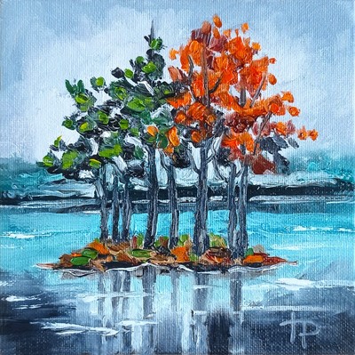 Abstract Landscape Lake Trees 6x6'' Modern Wall Art Small Painting
