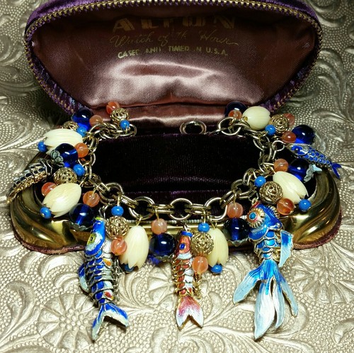 Vintage Chinese Articulated Enamel Fish Carnelian Bead Loaded Charm Bracelet