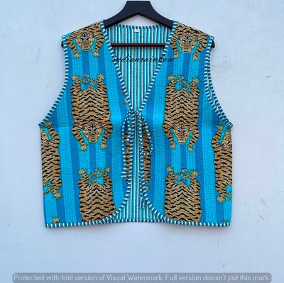 Handmade Cotton Quilted Jacket Tiger Printed Reversible Open Front Dori Vest