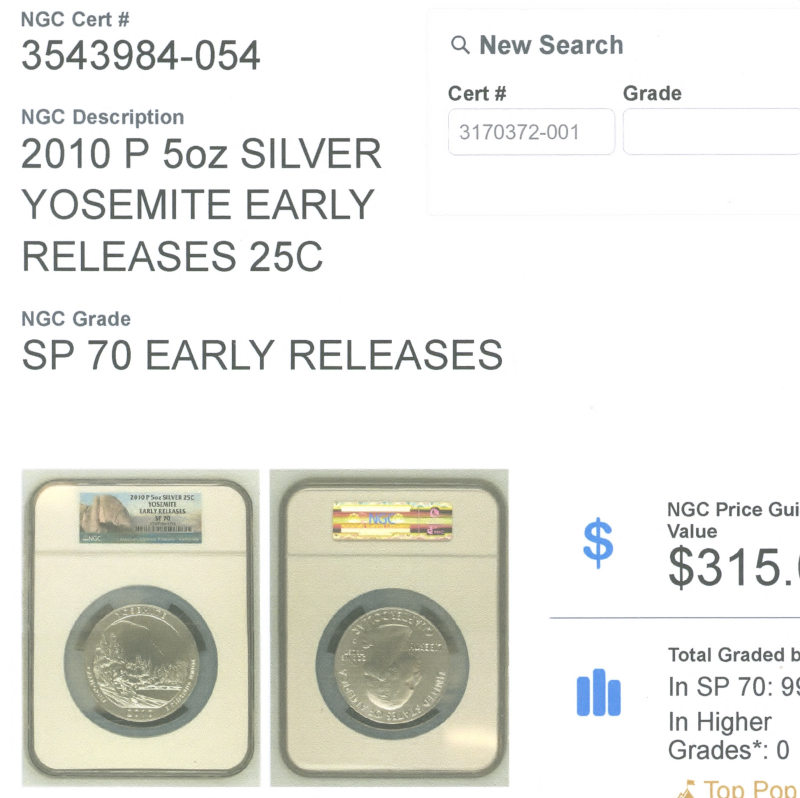 2010 P YOSEMITE ATB 5oz. 25C NGC SP-70, EARLY RELEASES, SCENIC PARK LABEL!