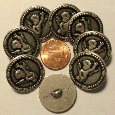 8 Flat Top Antiqued Silver Tone Metal Shank Buttons 7/8'' 23mm Angel Cherub 9606
