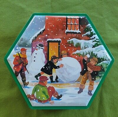 Metal Tin Winter Scene Children Snowman Snowballs Hexagon 7'' Across 1.75'' Tall