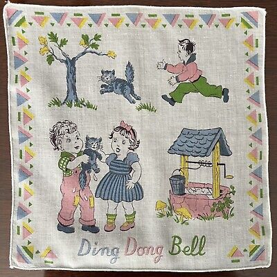 Vintage Cotton Child's Nursery Rhyme Ding Dong Bell Hankie 1950s Handkerchief