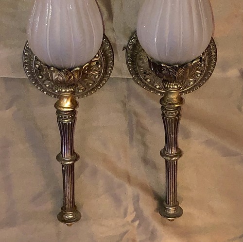 LARGE VINTAGE 16” MATCH PAIR SOLID BRASS L&L WMC TORCHIERE WALL SCONCE & SHADE