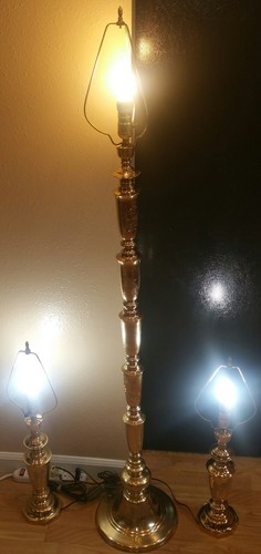 VTG RARE Japanese Asian Pagoda Engraved Brass Lamp Set of 3 Work Clean