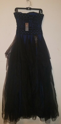 Pre-owned Bcbgmaxazria Strapless Embroidered Lace Evening Gown Tulle Navy And Black Sz 8 In Blue