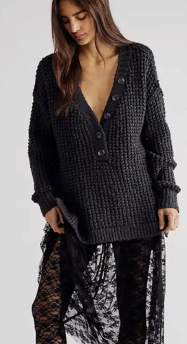 

Free People Whistle Термальный свитер на пуговицах вафельной вязки с заниженными рукавами Черный  NWT