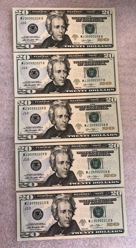 Uncirculated Consecutive 20 Dollar Bill Lot Kansas City Bank