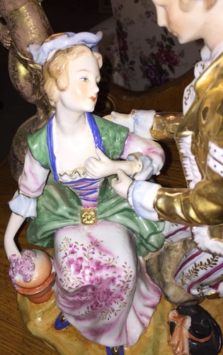 ANTIQUE GERMAN-GERMANY RARE DRESDEN PORCELAIN FIGURINE-LARGE SEATED LADY AND MAN