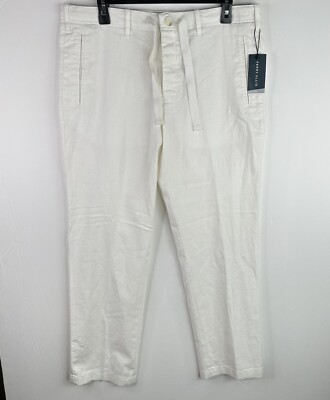 Perry Ellis Mens Bright White Linen Blend Drawstring Pants 34x30