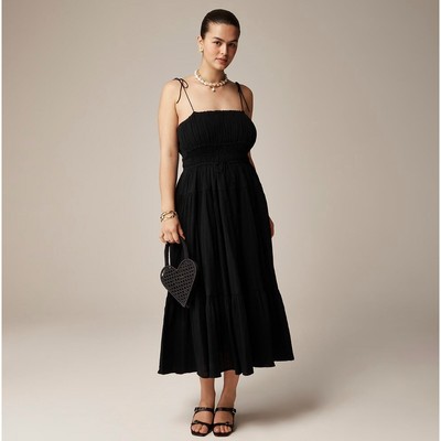 J. Crew Clio Dress Midi Textured Gauze Tiered Smocked Ruffle Hem Black S NWT