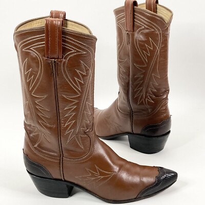 Vintage Tony Lama Black Label Boots Leaf Stitch Lizard Toe & Heel Womens Sz 6