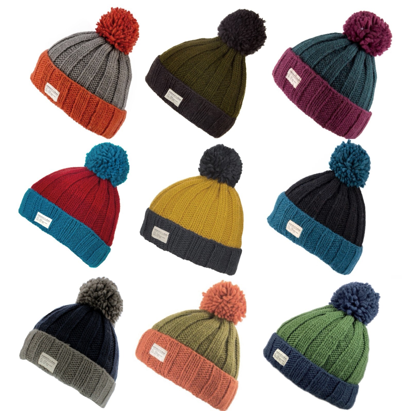 Kusan 100% Wool Moss Yarn Turn Up Bobble Beanie Hat Choice