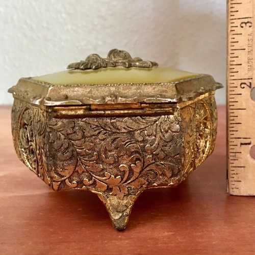 Antique JAPAN Metal Miniature Jewelry Trinket Box Golden w/ Green Inlay ROSES