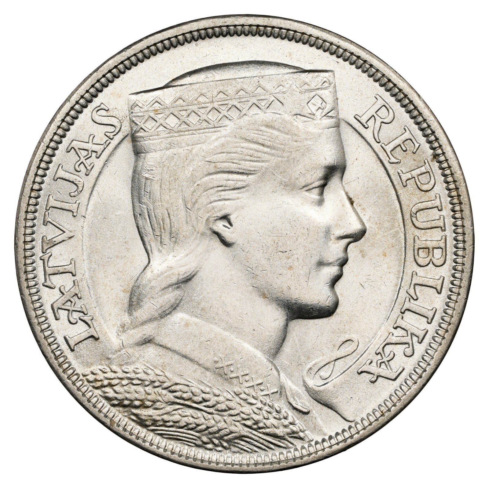 ラトビア　5LATI 1932, Latvia (Republic). Beautiful Silver 5 Lati Coin. Key