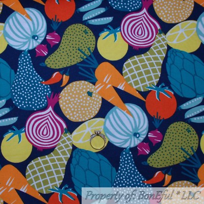 BonEful FABRIC FQ Cotton Quilt Blue Rainbow Vegetable Garden Market Farm Fruit L