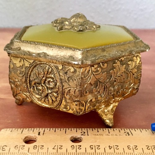 Antique JAPAN Metal Miniature Jewelry Trinket Box Golden w/ Green Inlay ROSES