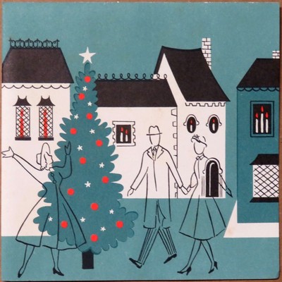 Vintage Christmas Card UNUSED MCM Village Square Houses Lady Dress Man Suit Tree