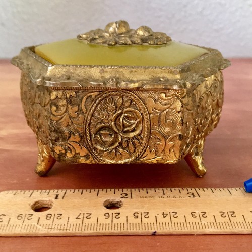 Antique JAPAN Metal Miniature Jewelry Trinket Box Golden w/ Green Inlay ROSES