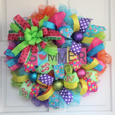 Summer Mesh Wreath, Watermelon Popsicle Flip Flop Multicolor Door Decor