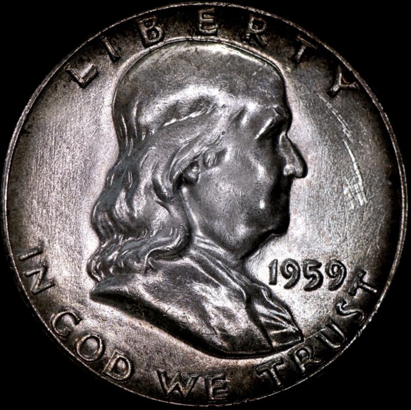 1959 Franklin Half Silver Dollar Type 2 Uncirculated Rim Toning 004