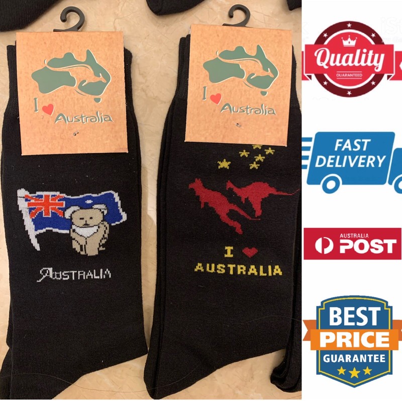 2 Pairs Australia Souvenir Socks AUS Flag Kangaroo Koala,Black6-11, AU