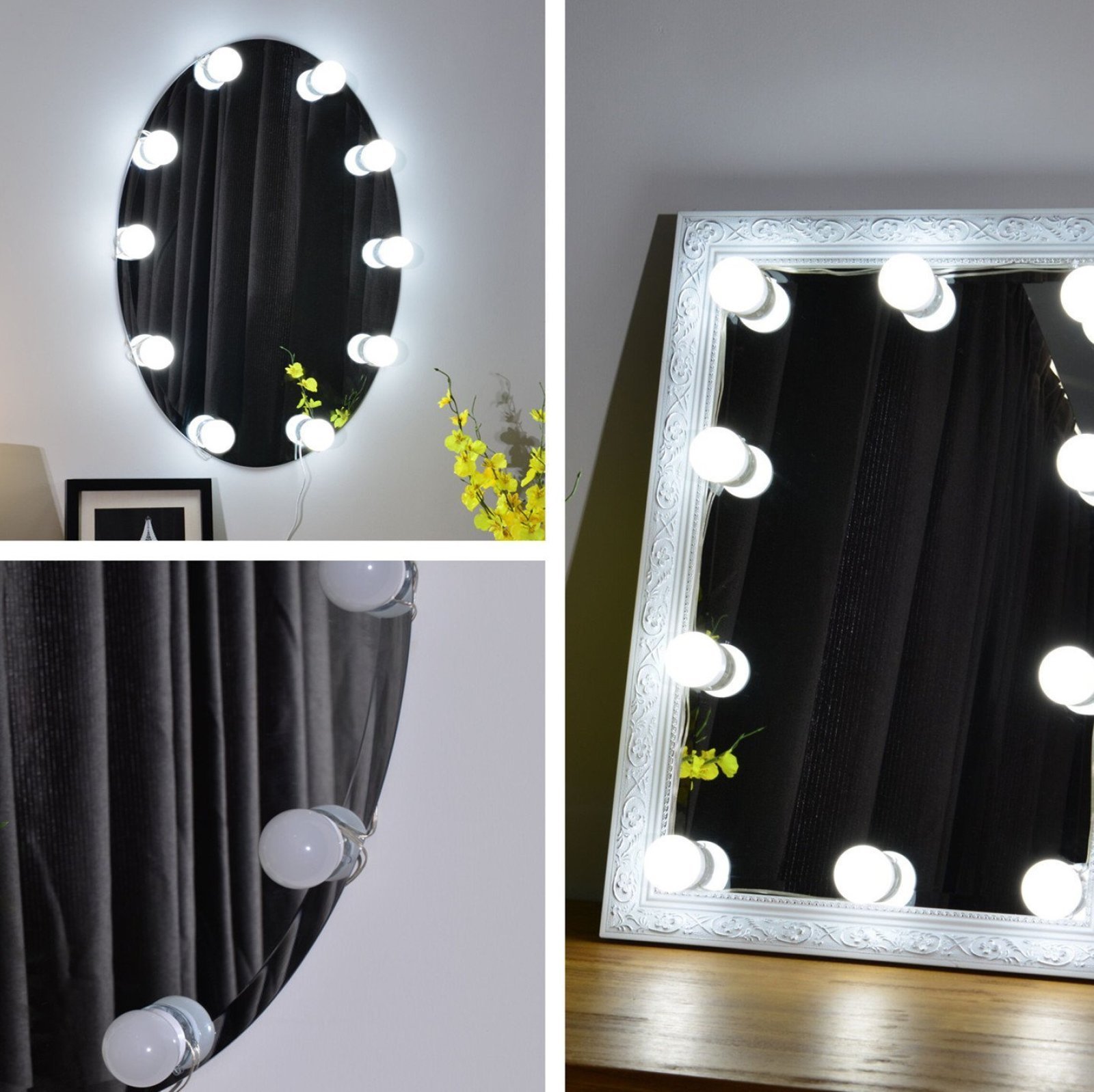 Waneway Hollywood Style Led Vanity Mirror Lights Kit For Makeup This Hollywood Style Vanity Light Kit Features 10 Led Bulbs Which Produce Bright White Lights And A Soft Glow Through The Frosted Globes To Illuminate Your