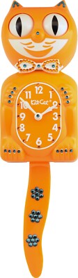 Festive Orange Kit-Cat Klock Blue Flower Swarovski Bow Crystals Jeweled Clock