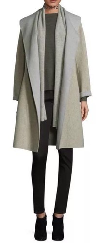 Pre-owned Eileen Fisher Large  Oatmeal Dark Pearl Brushed Wool Doubleface Shwal Collar Coat In Oatmeal/dark Pearl