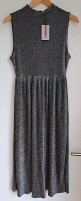 Oasis Pleated Silver Dress High Neck Midi Dress XS UK 6-8 Occasionwear BNWT