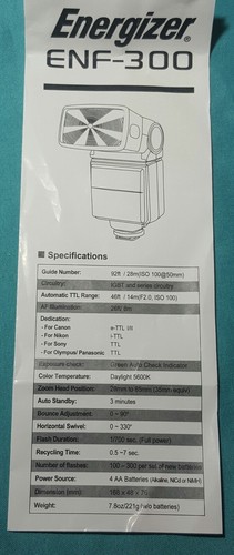 New Energizer ENF -300C Canon Compatible DSLR Flash E-TTL I/II Photography NIB