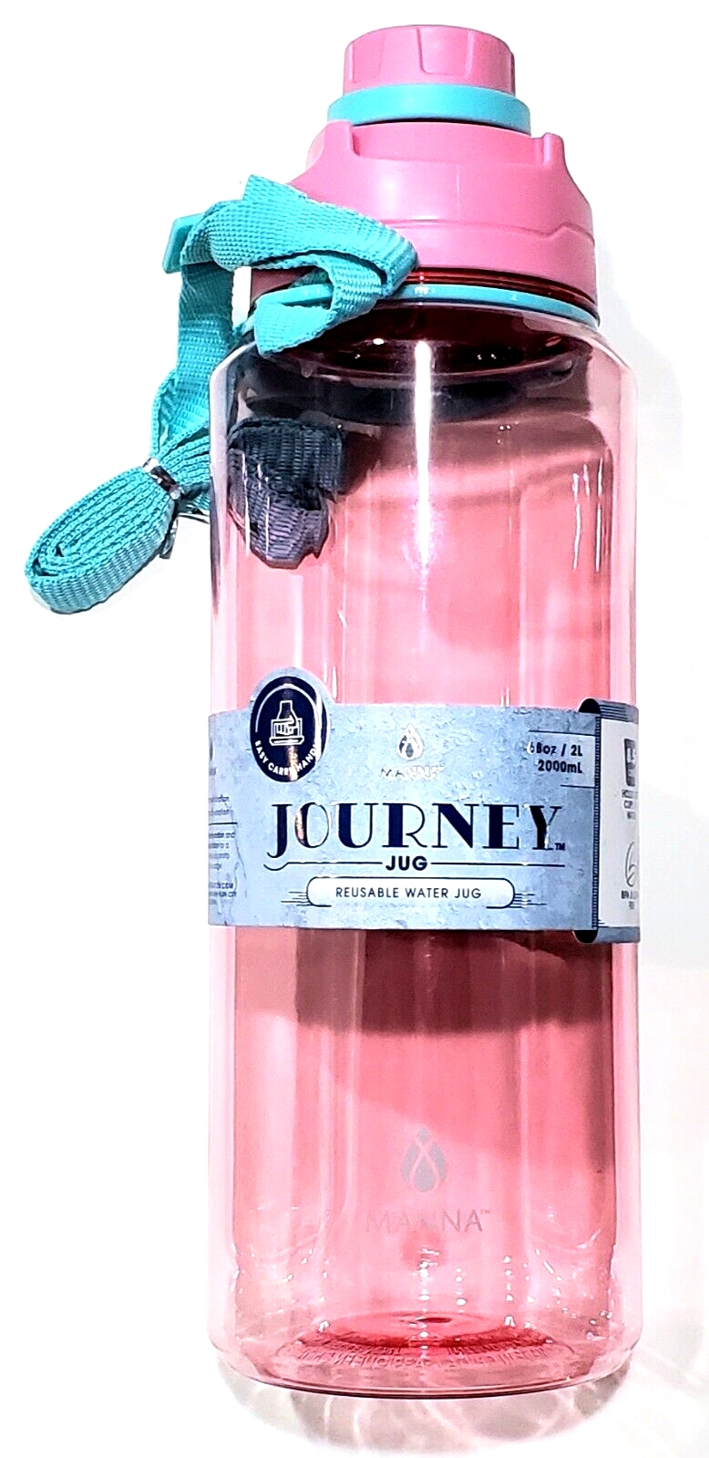 Manna Journey Water Jug Reusable 68 Oz. 2 L Pink Blue Strap