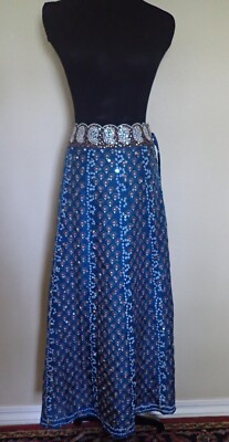 NWTOS Fresh Twist Teal Silk Batik Sequin Mid Rise Maxi Skirt  Boho Festival L