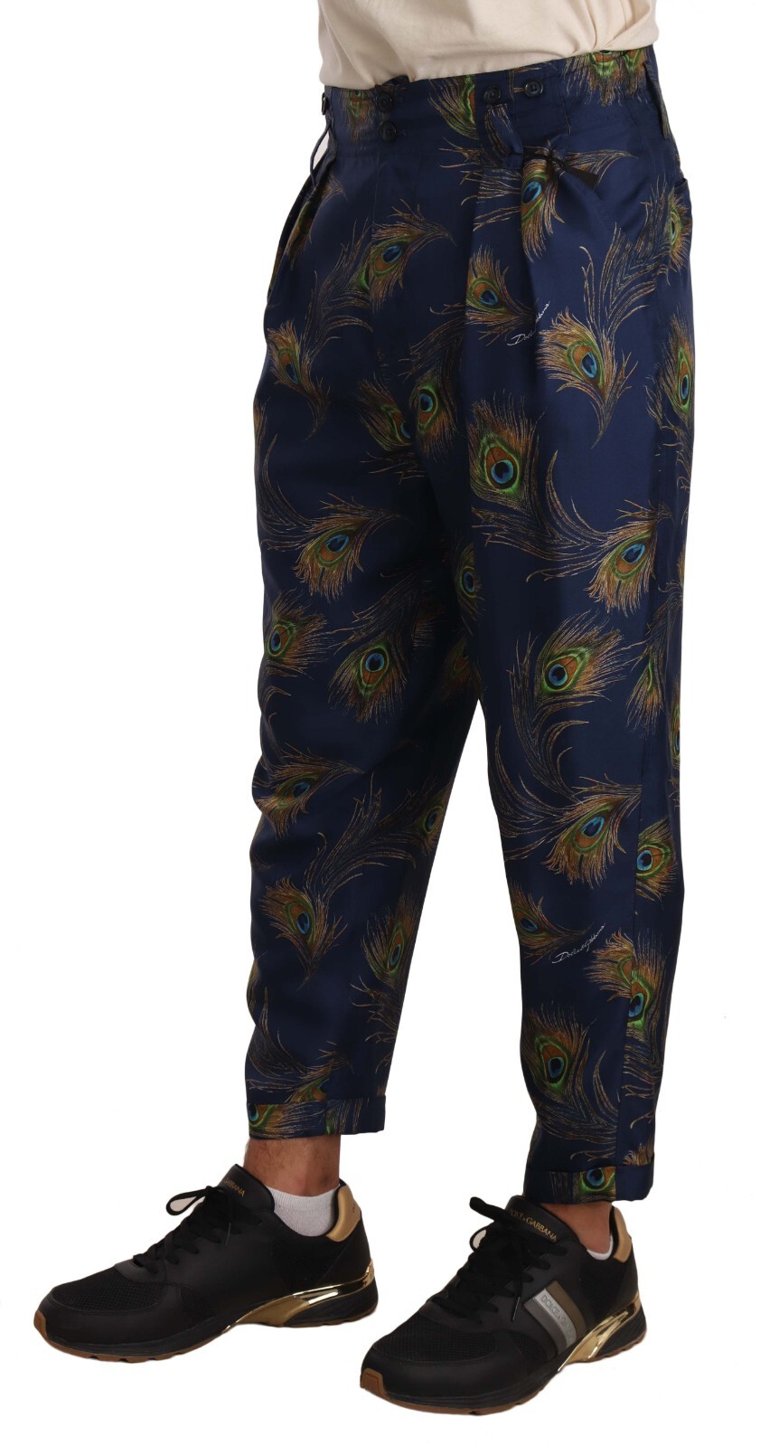 

DOLCE - GABBANA Брюки Шелковые синие брюки-галифе с принтом павлина IT46/ W32/ 1500 долларов США, Синий