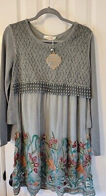 Simply Couture Gray dress with floral embroidery NWT L - Great Easter Dress