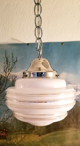 Restored Vintage Art Deco UFO Glass & Chrome Hanging Ceiling Fixture Light