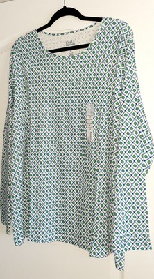 CROFT & BARROW 3X Green Blue Diamond print Long Sleeve Tee Stretchy NEW!