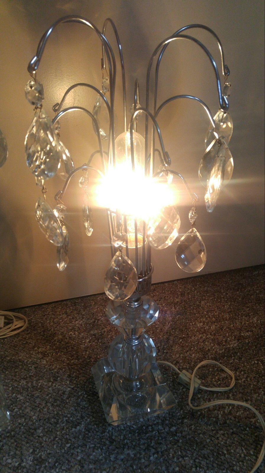 Art deco mcm Hollywood regency waterfall crystal hand cut glass pair lamps offer