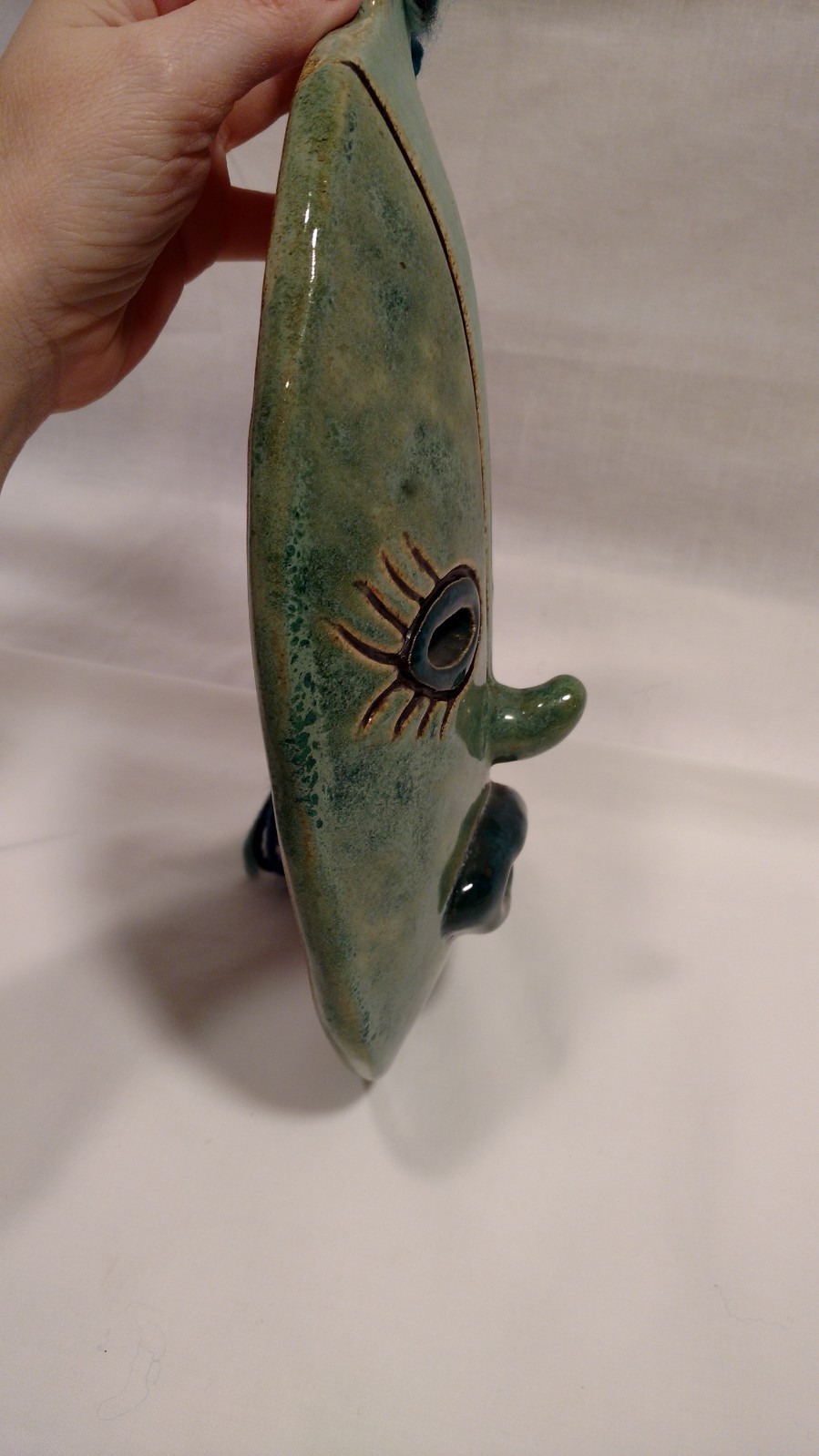 Glazed Clay Decorative Wall Hanging Mask, Yarn Hair w/ Carved Bone Bead, Signed