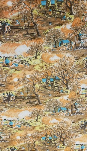 Vintage Retro Knit Fabric Country Scenes Fishing Swimming Mill Pond 60