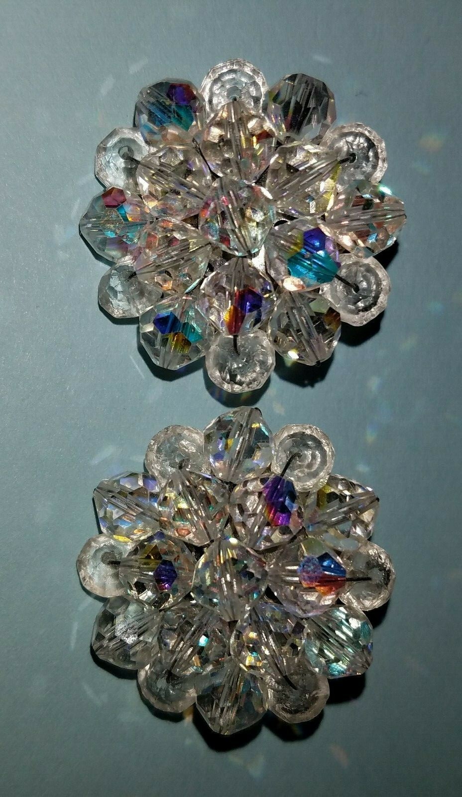 Vintage Aurora Borealis Clear Faceted Iridescent Bead 1950's Clip On Earrings