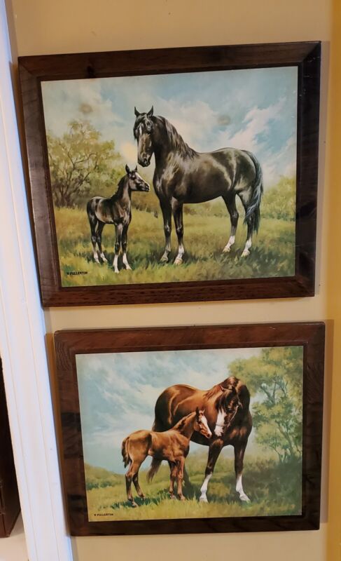 2 P. Fullerton Elegant Horses & Foals Prints, Vtg. Simple Display On Wooden Back