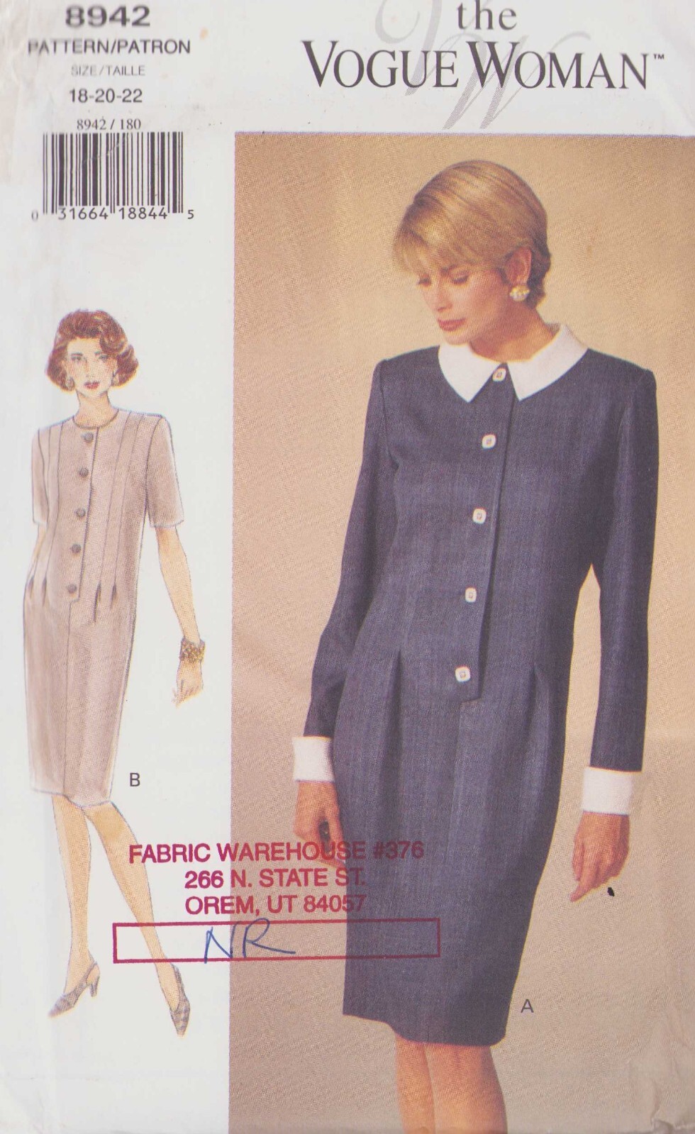 Vogue 8942 Woman Classic French Dress Sz 18-22 Sewing Craft
