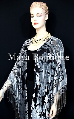 Pre-owned Maya Matazaro Silver Gray Caftan Duster Fringe Jacket Kimono Burnout Velvet