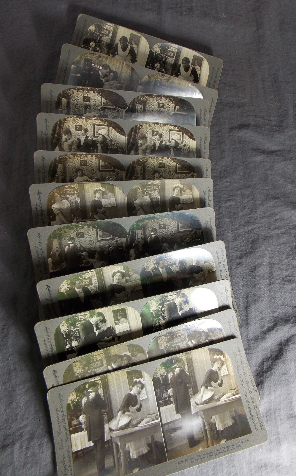 The French Cook, Antique Set of 8 Humorous Stereo View Cards, Signed Keystone