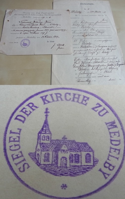 Dokumente Medelby 1904-07, Tauf- Und Sterbeschein Familie Wiese In Osterby