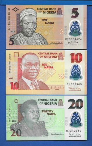 Nigeria 5, 10, 20, Naira Uncirculated Polymer Banknote Set # 3