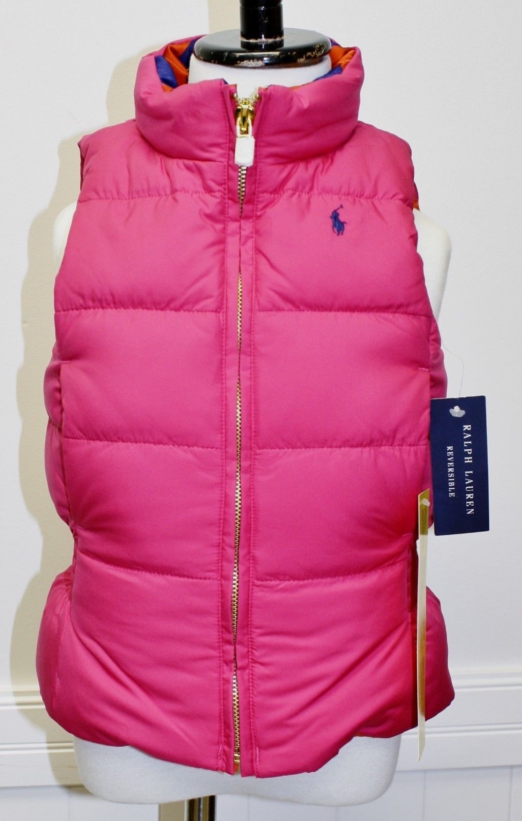 Ralph Lauren Reversible Vest Down Feather Fill Pink Orange