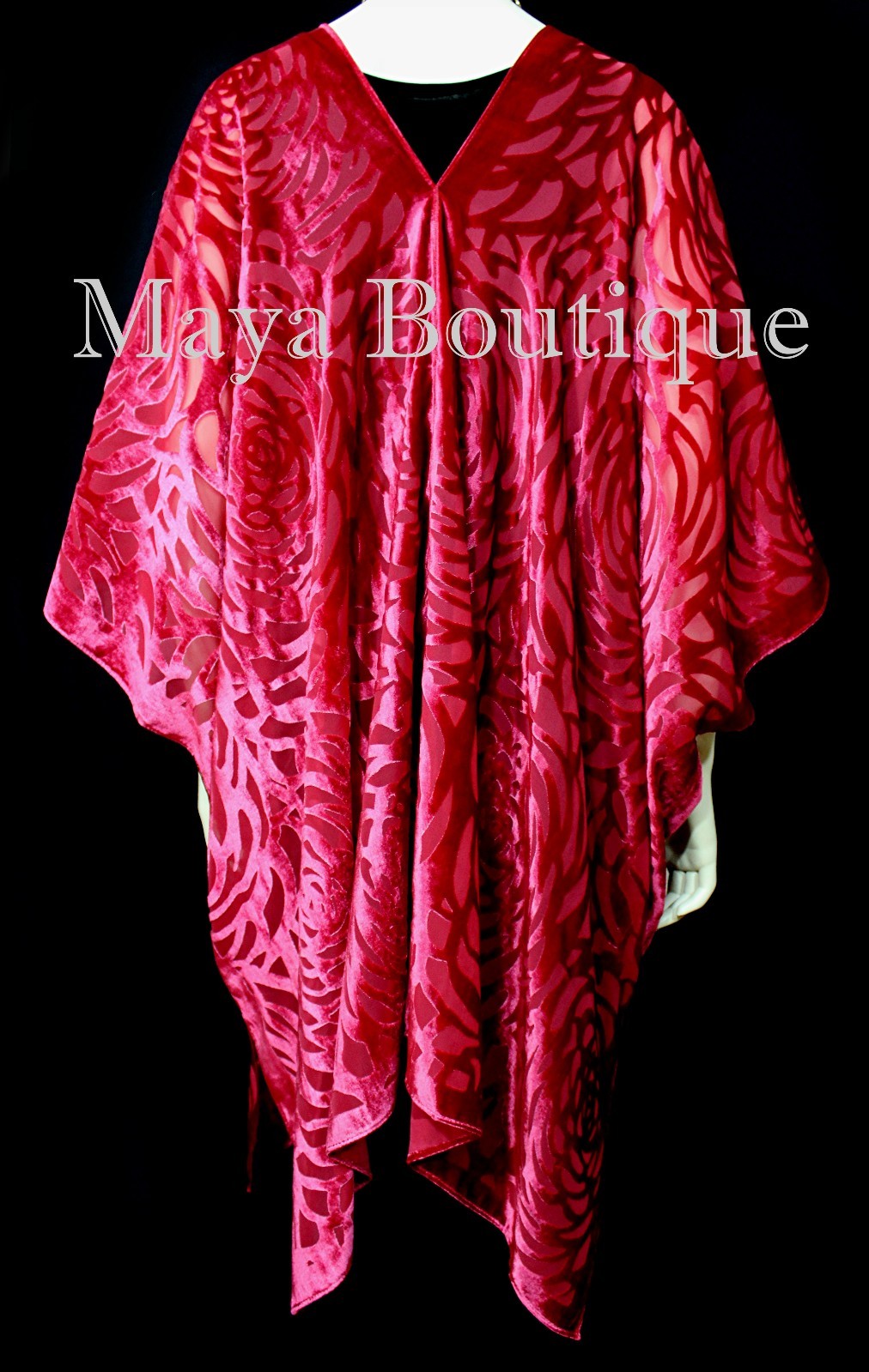 Pre-owned Maya Matazaro True Red Camellia Burnout Velvet Caftan Kimono Jacket Usa Made