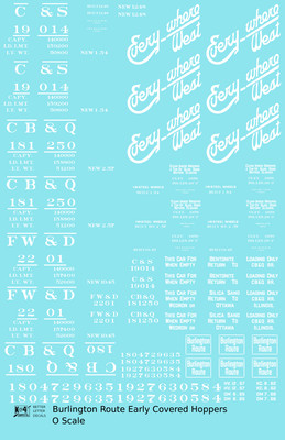 K4 O Scale Decals Burlington CB&Q Two Bay Covered Hopper White Script Lettering